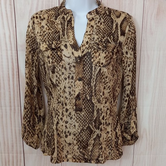 Cache Tops - Cache Snake Print Roll Sleeve Button Up Top